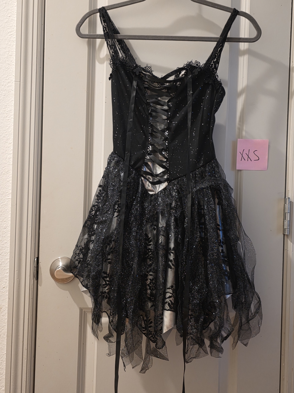 Black Lace-Up Glitter Mini Dress with Tulle Skirt Costume